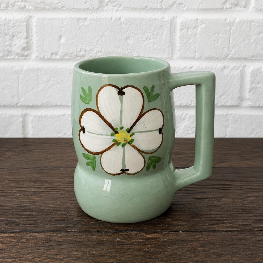 Sage Green Studio Pottery Mug Hand Painted Dogwood Flower Square Handle Tankard - Picture 3 of 8